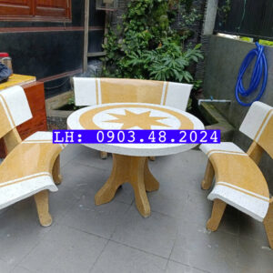 Bộ Bàn Ghế Đá Tròn Trắng Vàng 3 Ghế - Phong Cách, Bền Đẹp